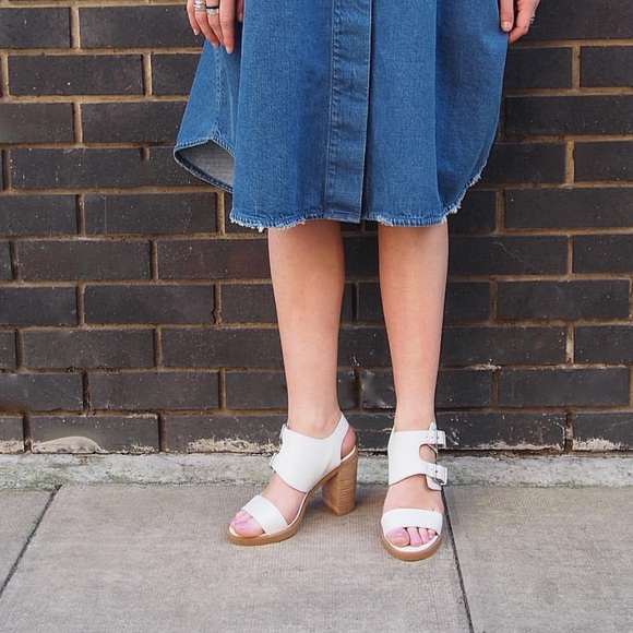 Double Buckle White Leather Block Heel Sandals - Picture 3 of 4